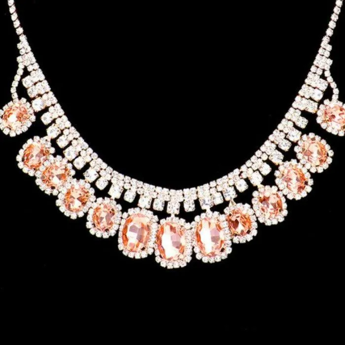 Rhinestone Trim Peach Oval Stone Accented Necklace Set