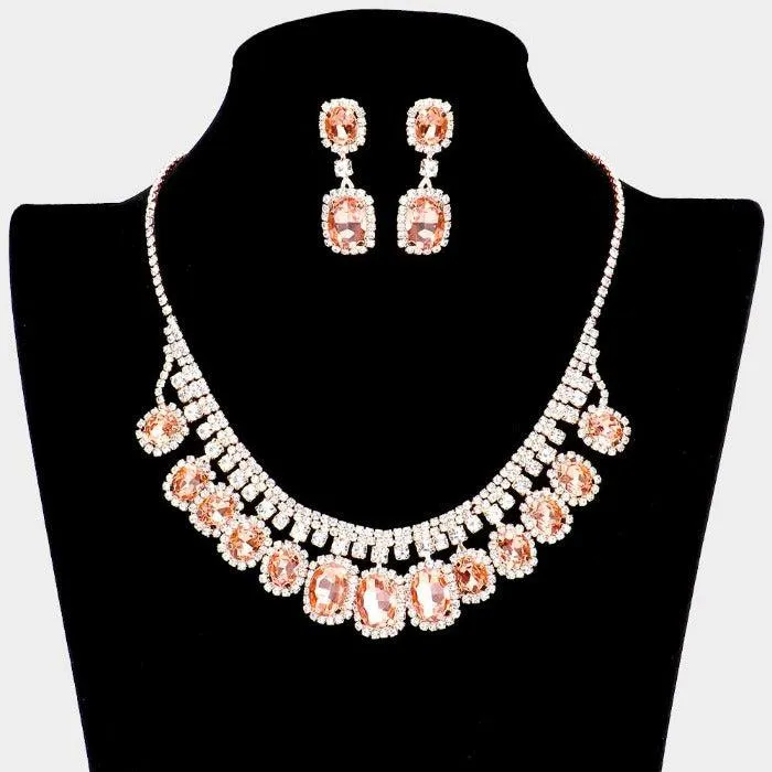 Rhinestone Trim Peach Oval Stone Accented Necklace Set