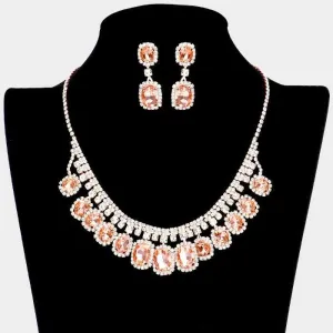 Rhinestone Trim Peach Oval Stone Accented Necklace Set