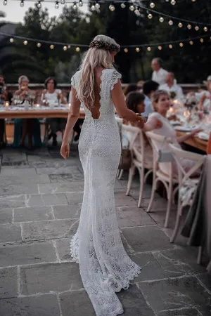 Roycebridal Lace Boho Mermaid Backless Cap Sleeve Bohemian Wedding Dresses ,MW265