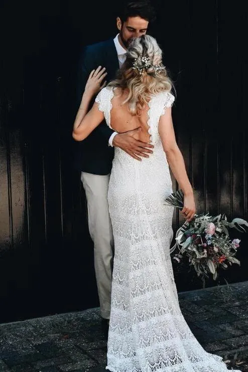 Roycebridal Lace Boho Mermaid Backless Cap Sleeve Bohemian Wedding Dresses ,MW265