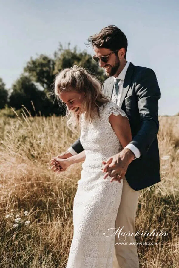 Roycebridal Lace Boho Mermaid Backless Cap Sleeve Bohemian Wedding Dresses ,MW265
