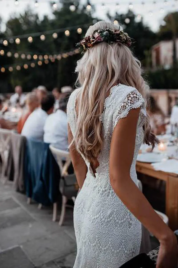 Roycebridal Lace Boho Mermaid Backless Cap Sleeve Bohemian Wedding Dresses ,MW265