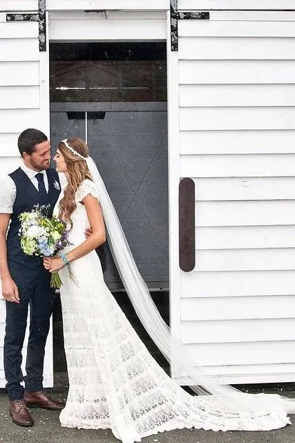 Roycebridal Lace Boho Mermaid Backless Cap Sleeve Bohemian Wedding Dresses ,MW265