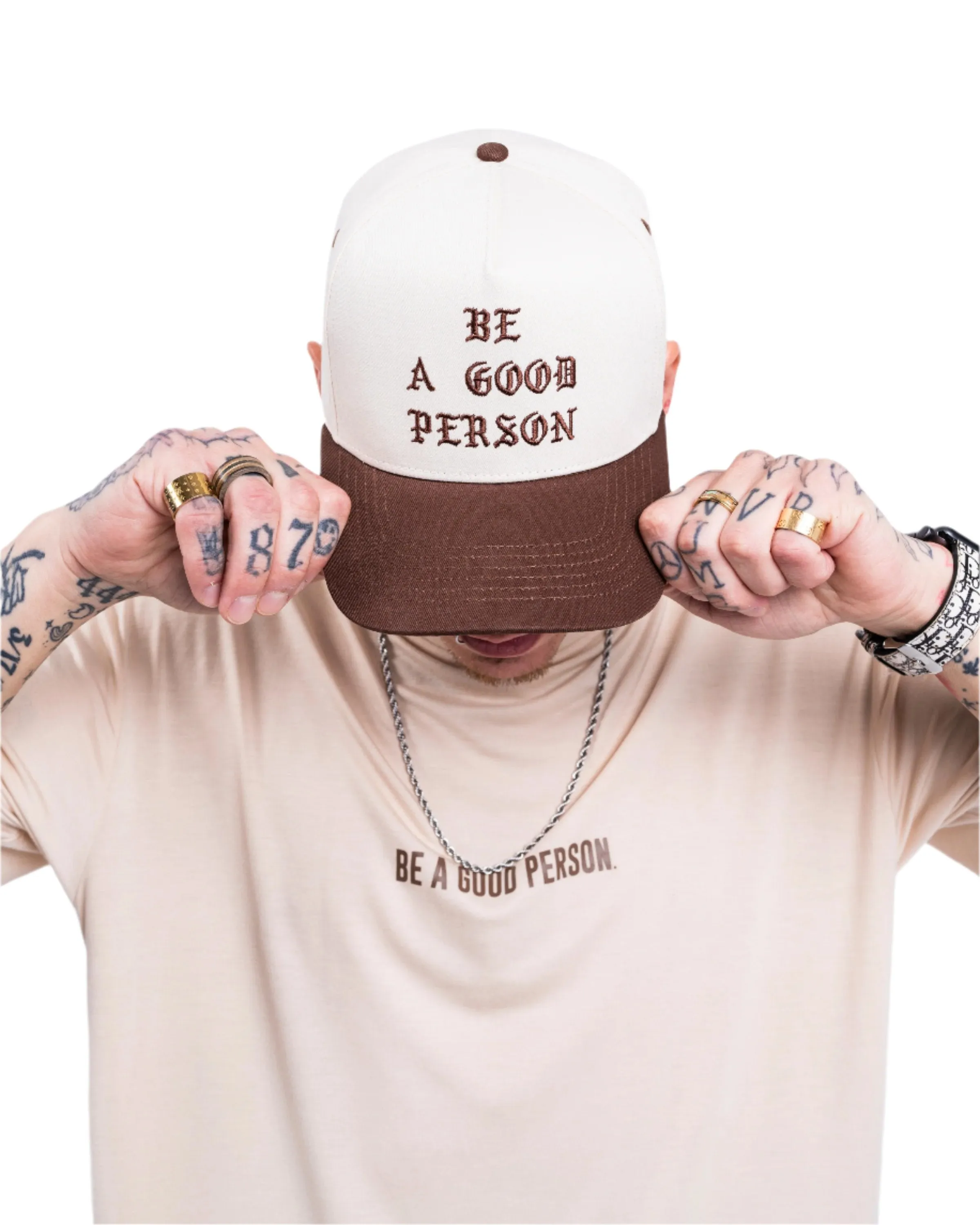 Saint Script Snapback Hat - Cream/Brown