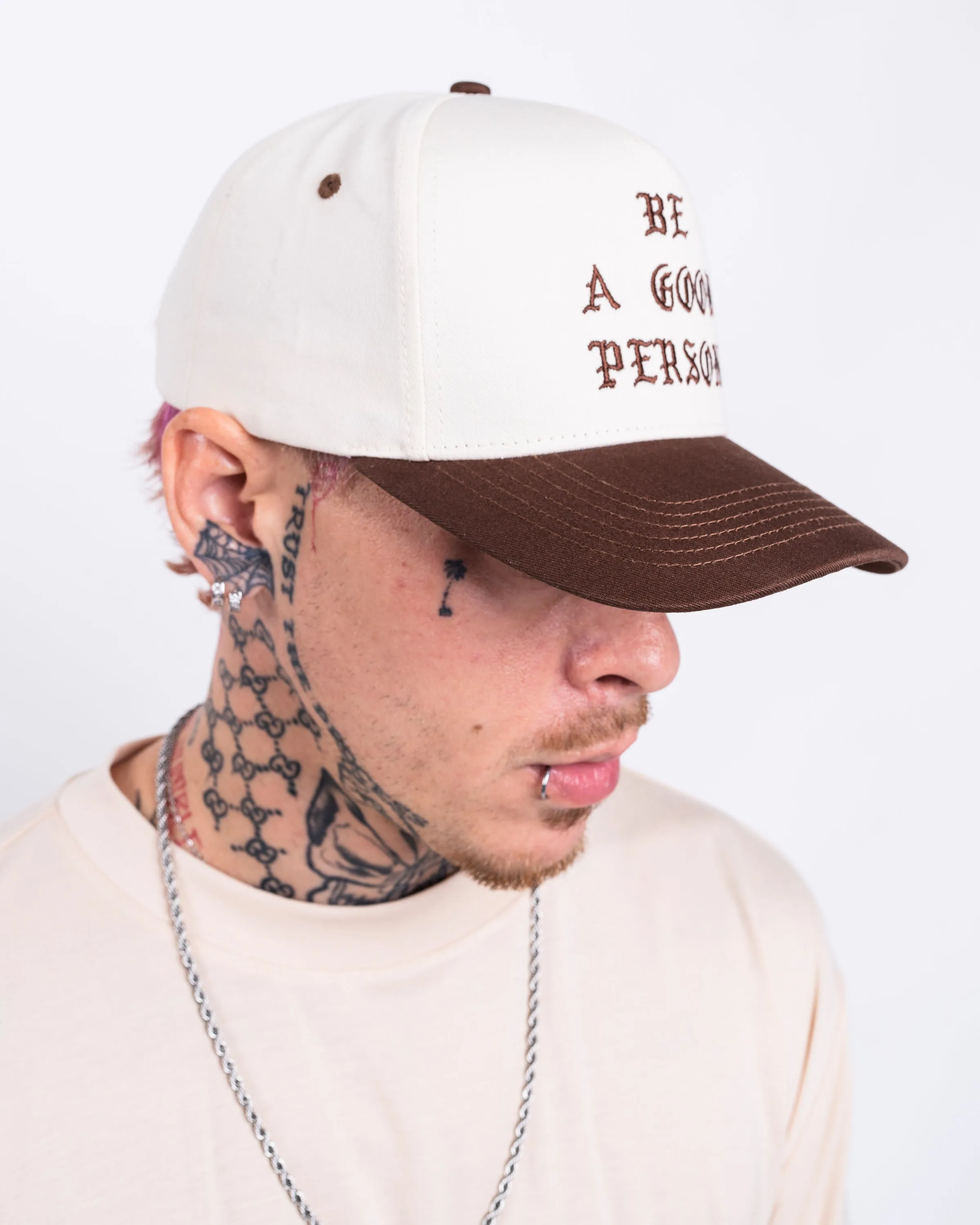 Saint Script Snapback Hat - Cream/Brown