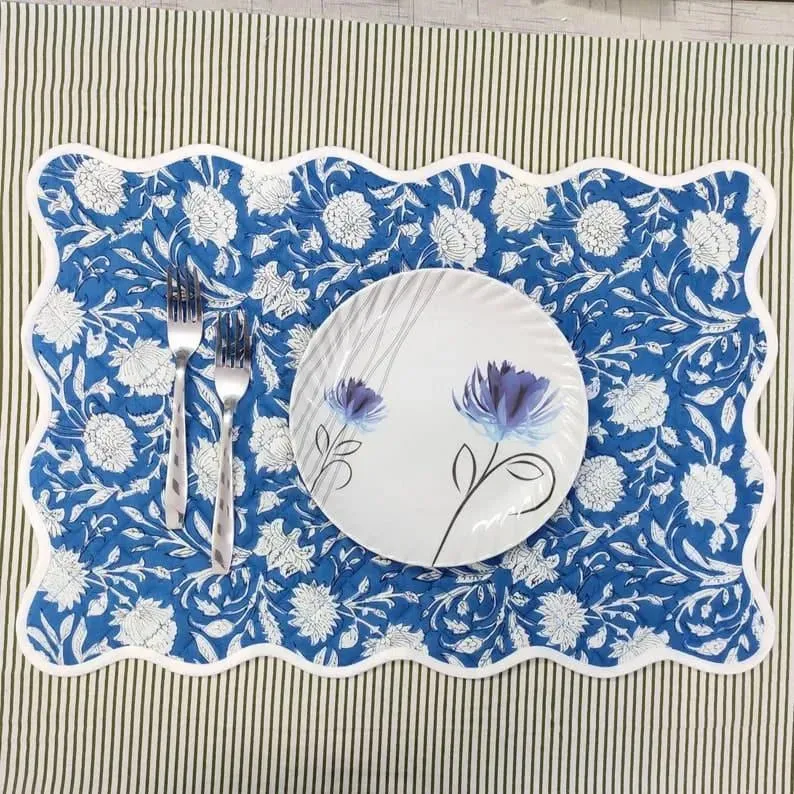 Scalloped White Floral Blue Cotton Placemat Set