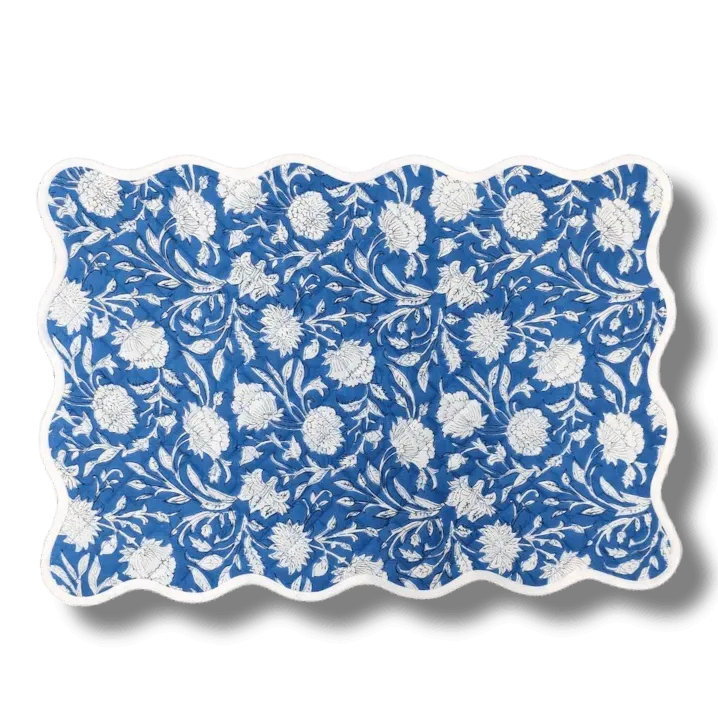 Scalloped White Floral Blue Cotton Placemat Set