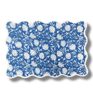 Scalloped White Floral Blue Cotton Placemat Set