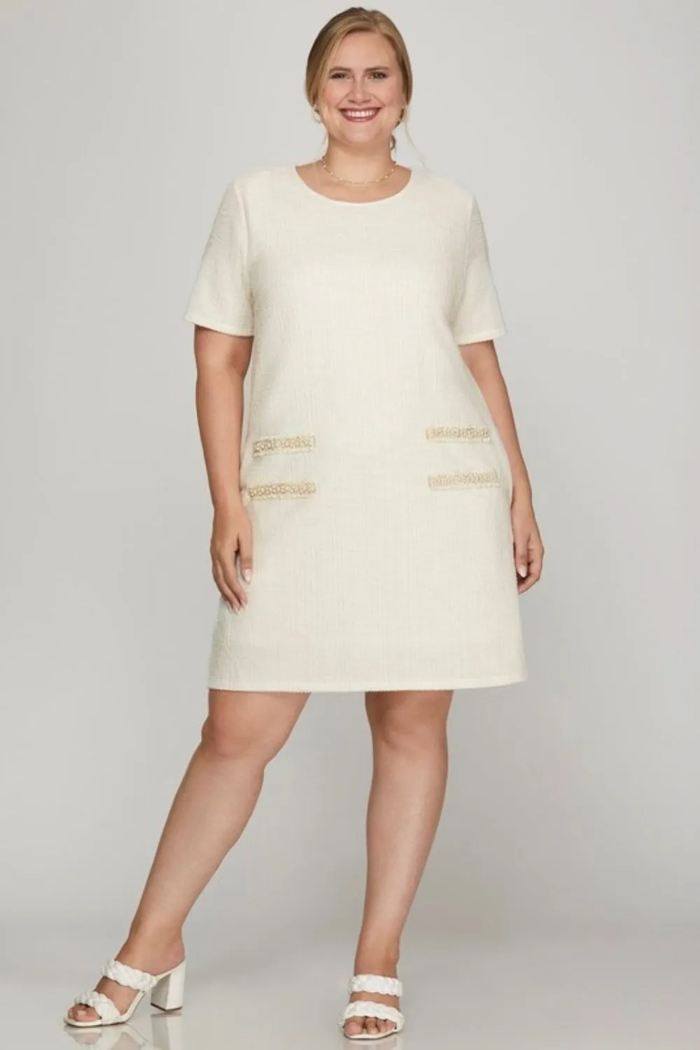 She   Sky Full Size Short Sleeve Pearl Studded Trim Knit Tweed Dress Plus Size