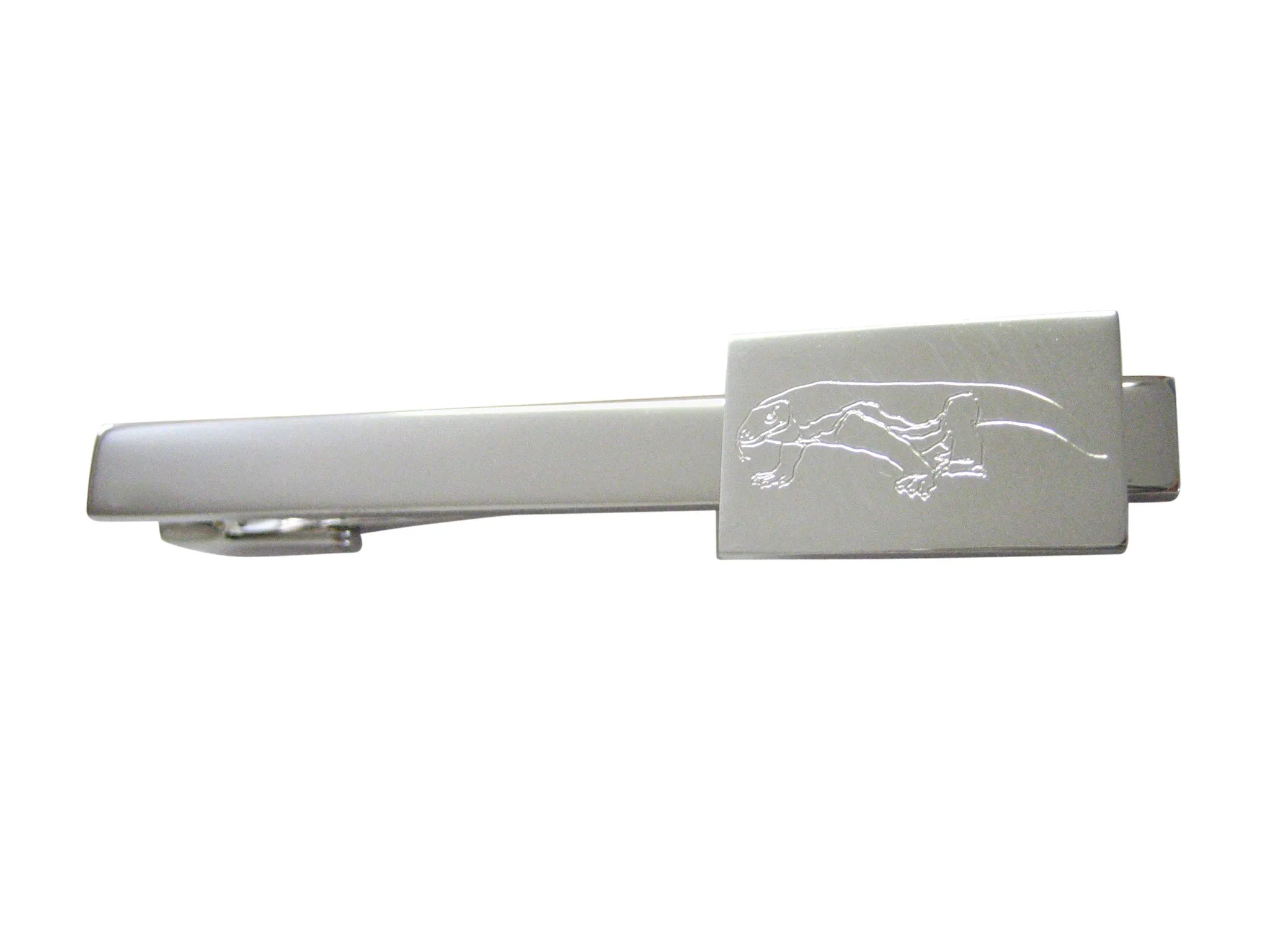 Silver Toned Etched Komodo Dragon Square Tie Clip