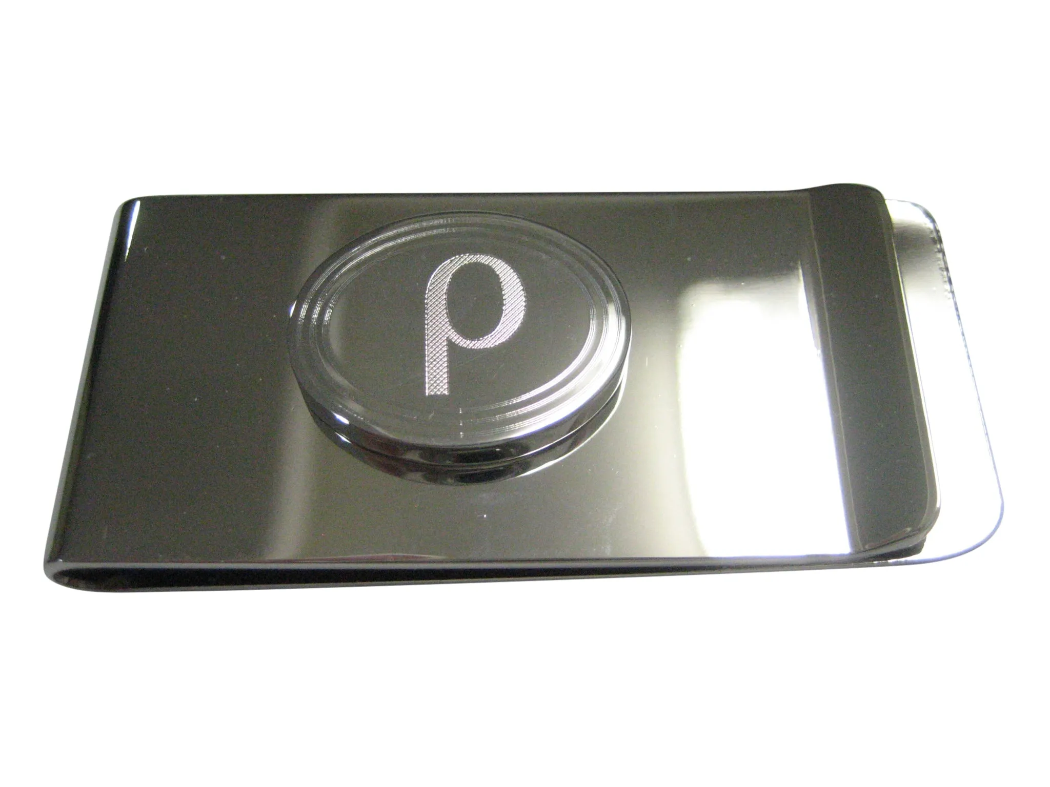 Silver Toned Etched Oval Greek Letter Rho Money Clip