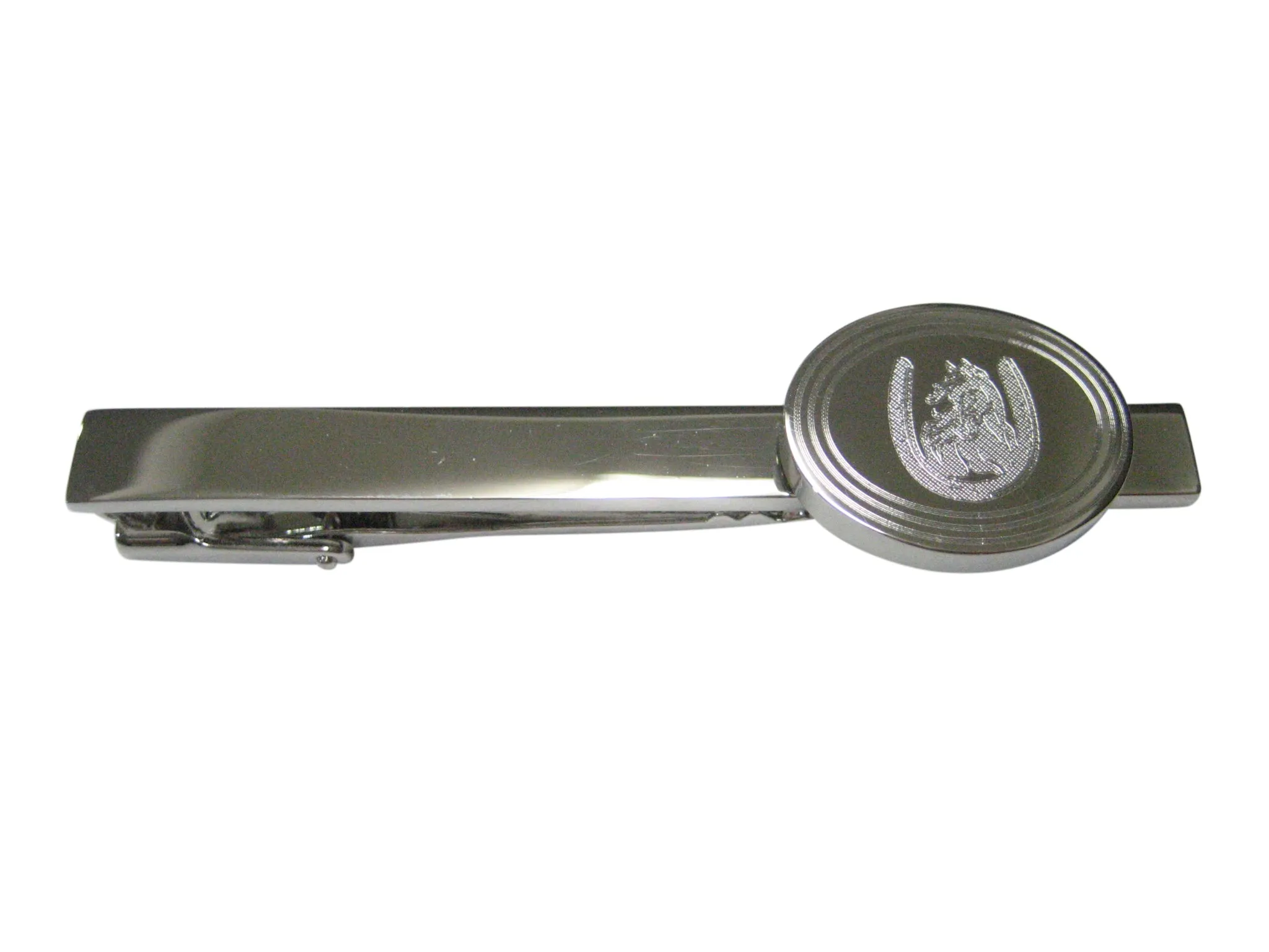 Silver Toned Etched Oval Maned Horse and Horse Shoe Tie Clip