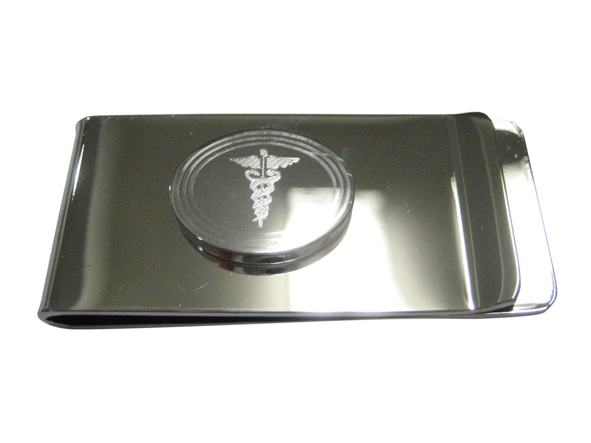 Silver Toned Etched Oval Medical Caduceus Symbol Money Clip