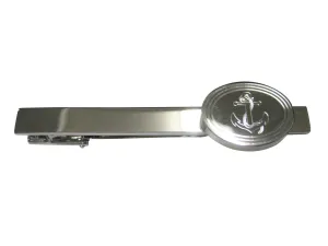 Silver Toned Etched Oval Nautical Roped Anchor Tie Clip