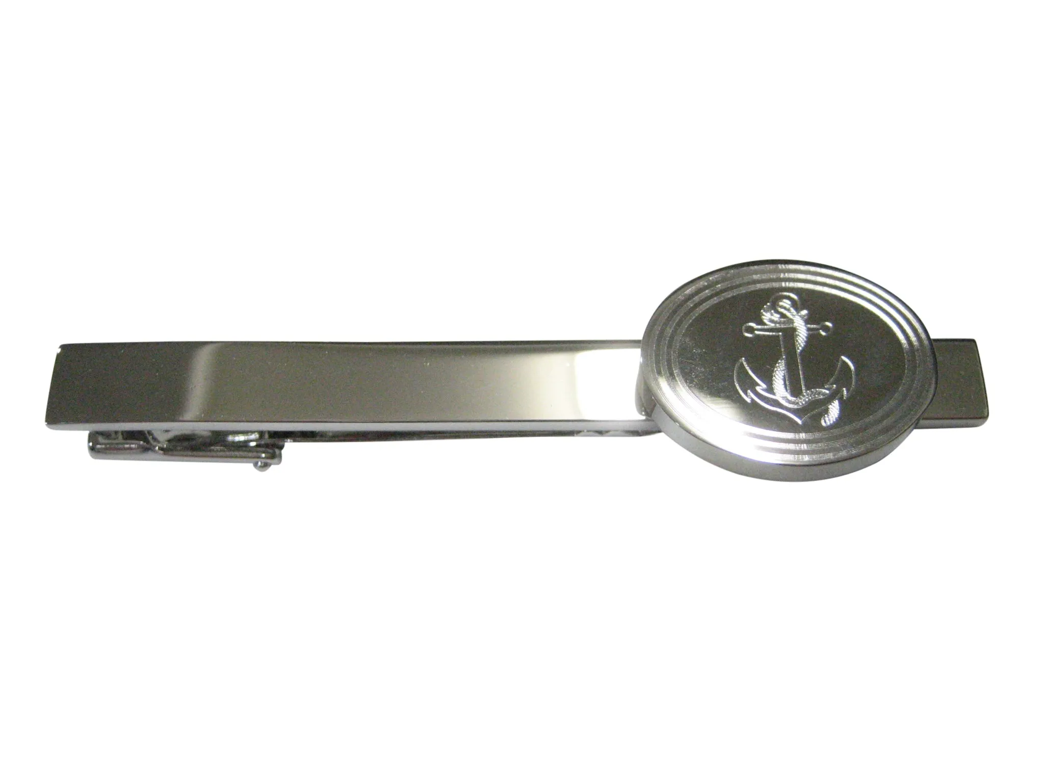 Silver Toned Etched Oval Nautical Roped Anchor Tie Clip