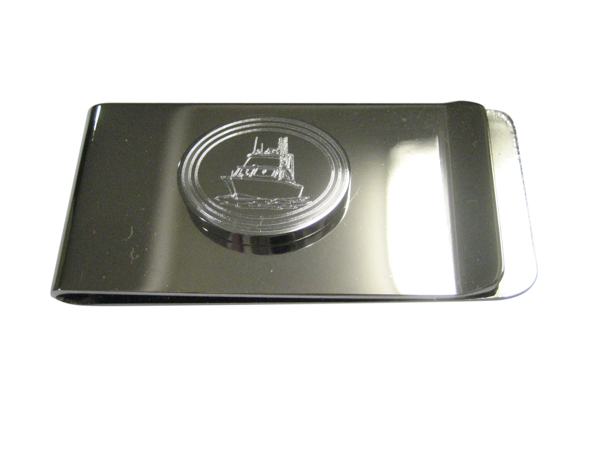 Silver Toned Etched Oval Ship Money Clip