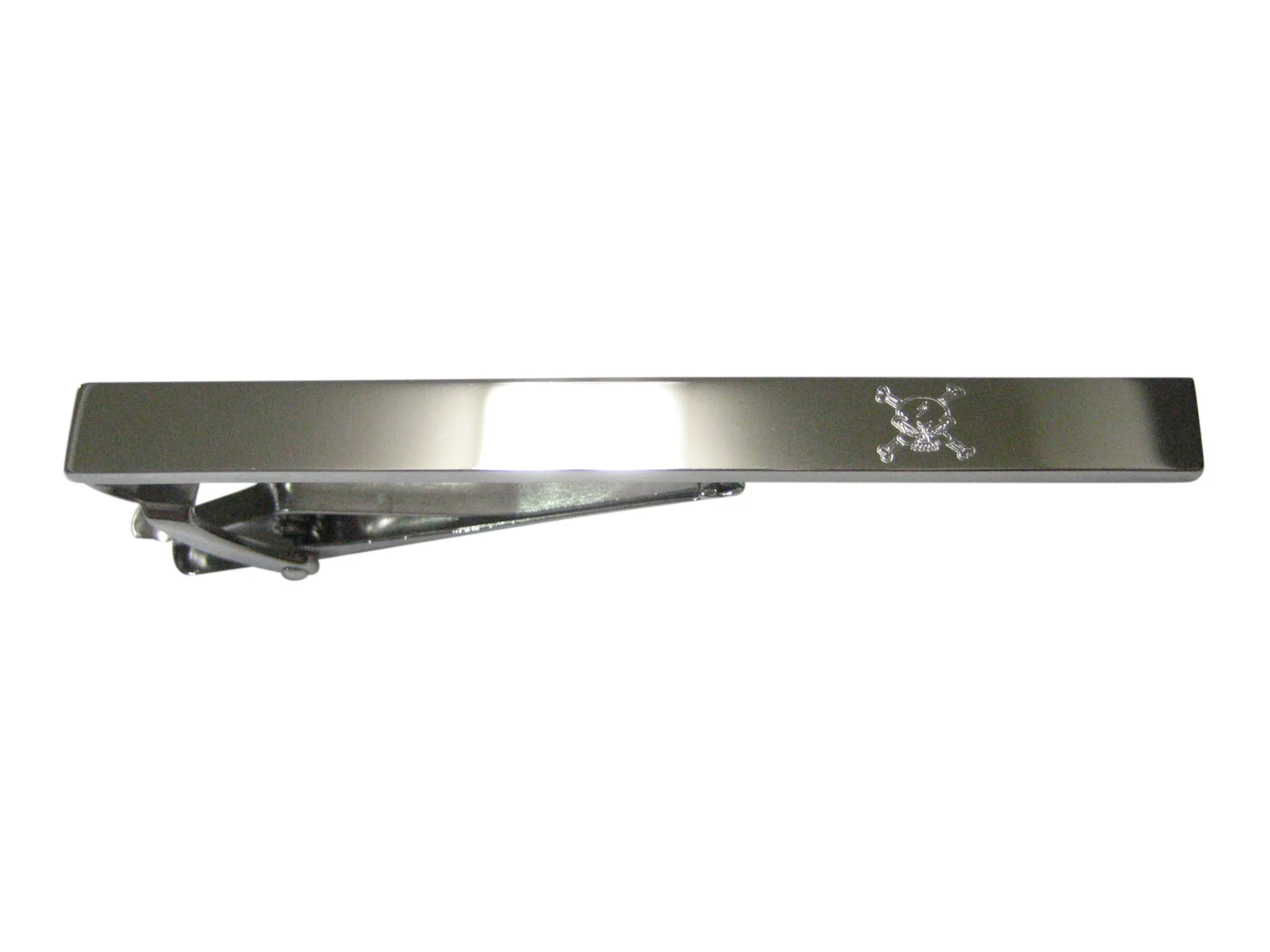 Silver Toned Etched Sleek Angry Skull and Crossbones Tie Clip