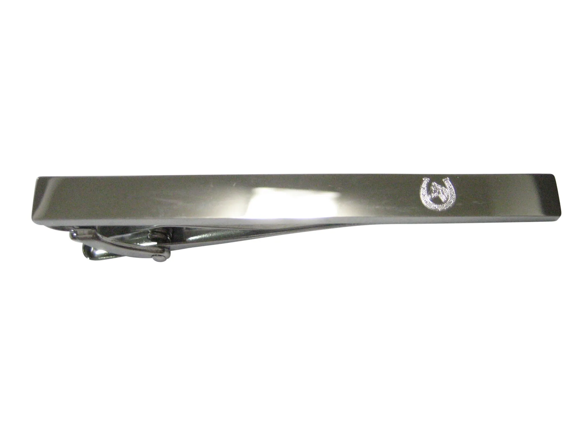 Silver Toned Etched Sleek Horse and Horse Shoe Tie Clip