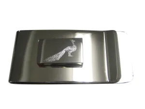 Silver Toned Rectangular Etched Peacock Bird Money Clip