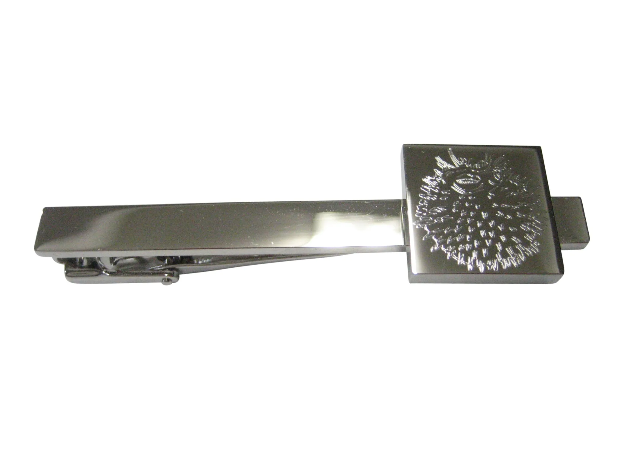 Silver Toned Square Etched Spikey Puffer Fish Fugu Blowfish Tie Clip