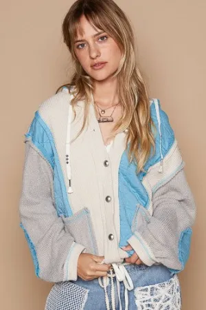 Sky   Grey Multi Fabric Mix Hooded Shacket
