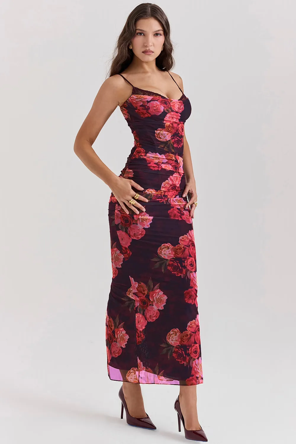 Slip Dress – Lace Trim & Ruched Sides – Elegant Evening Look