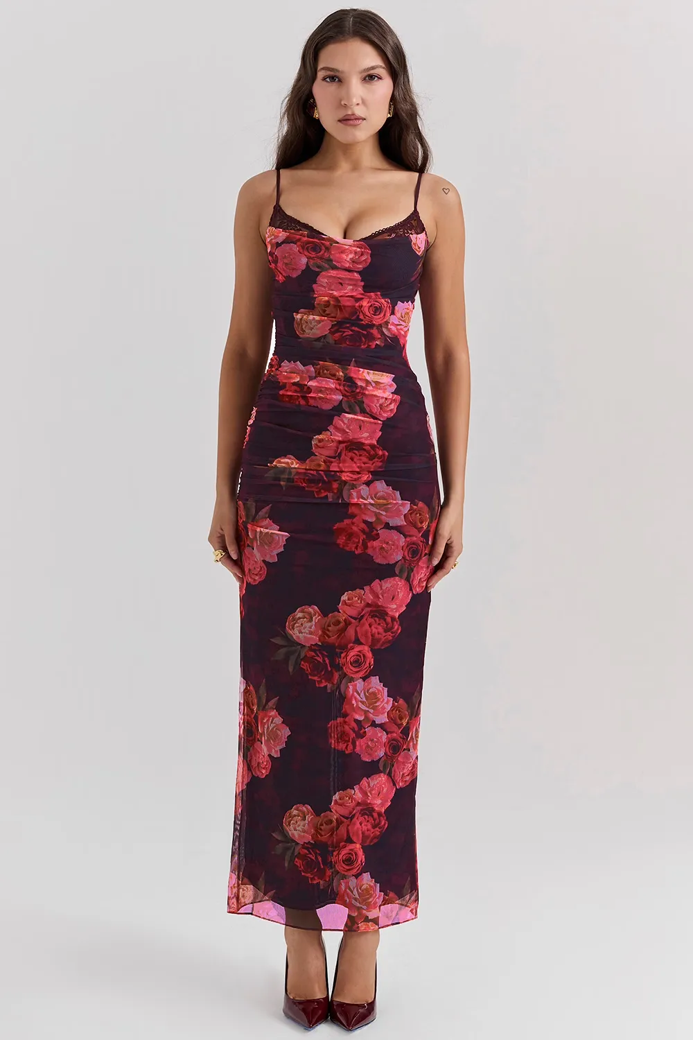 Slip Dress – Lace Trim & Ruched Sides – Elegant Evening Look