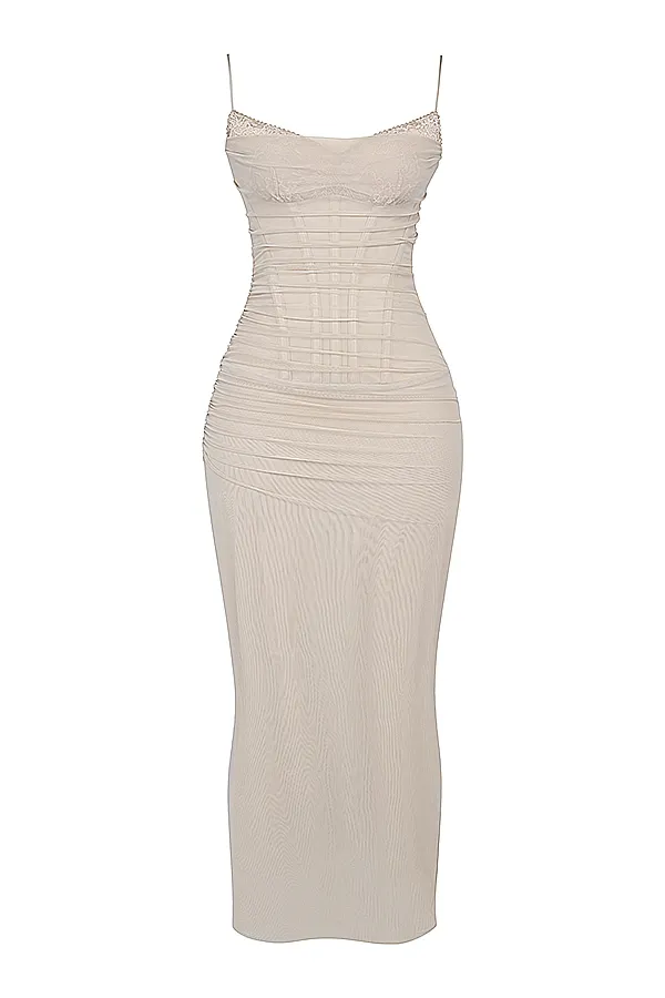 Slip Dress – Lace Trim & Ruched Sides – Elegant Evening Look