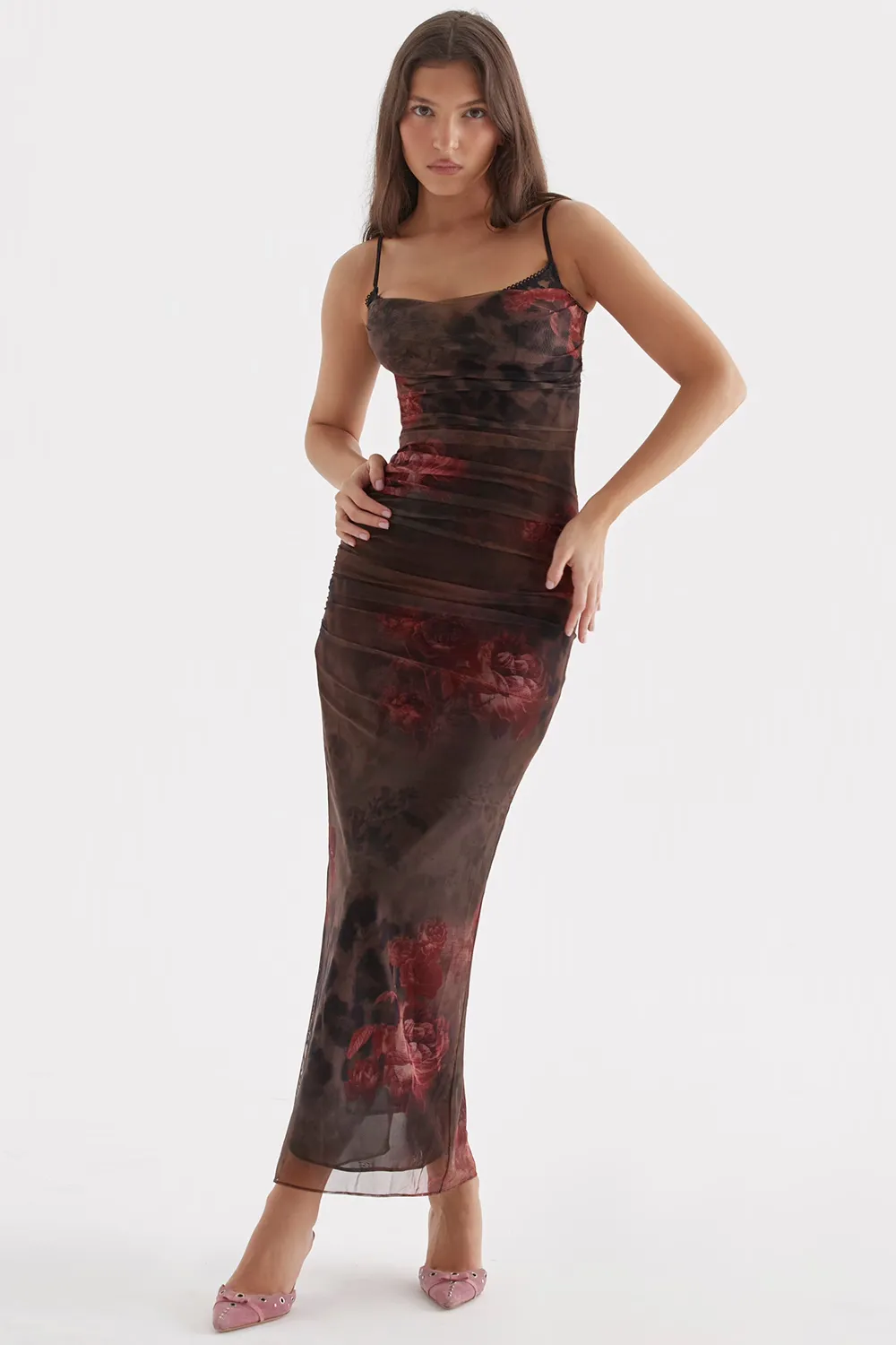 Slip Dress – Lace Trim & Ruched Sides – Elegant Evening Look