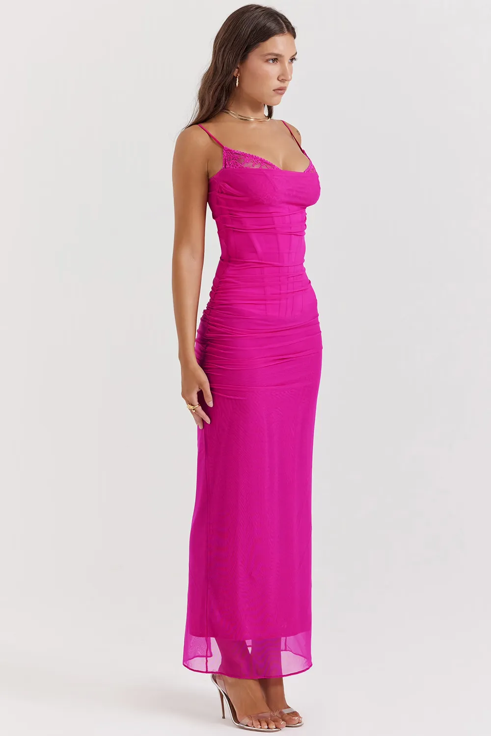 Slip Dress – Lace Trim & Ruched Sides – Elegant Evening Look