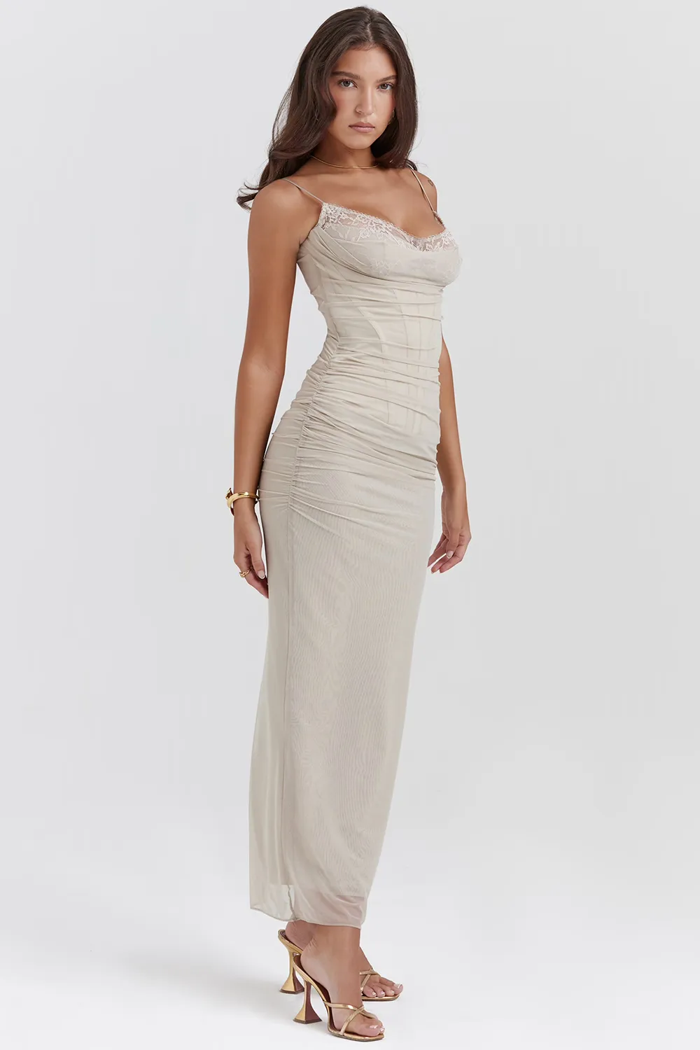 Slip Dress – Lace Trim & Ruched Sides – Elegant Evening Look