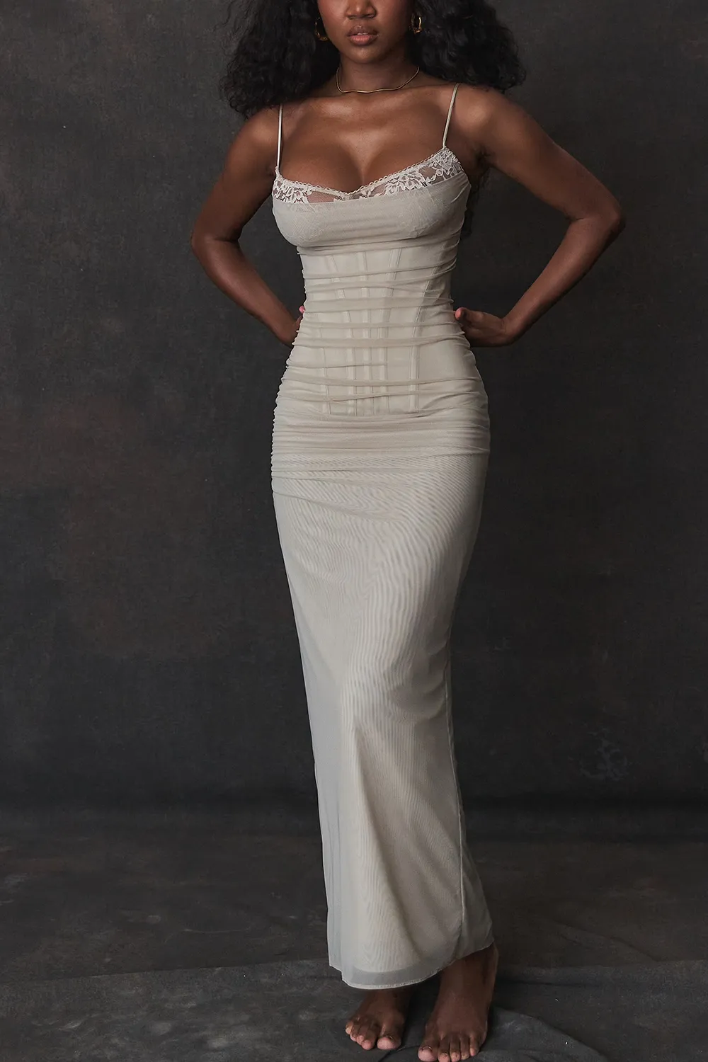 Slip Dress – Lace Trim & Ruched Sides – Elegant Evening Look