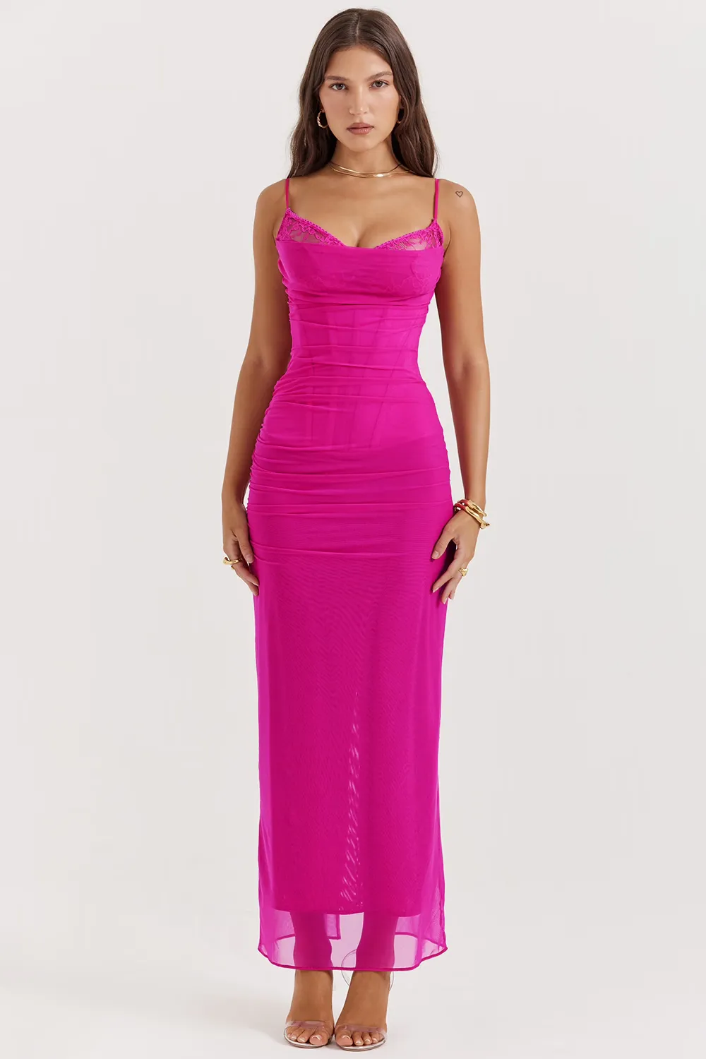 Slip Dress – Lace Trim & Ruched Sides – Elegant Evening Look