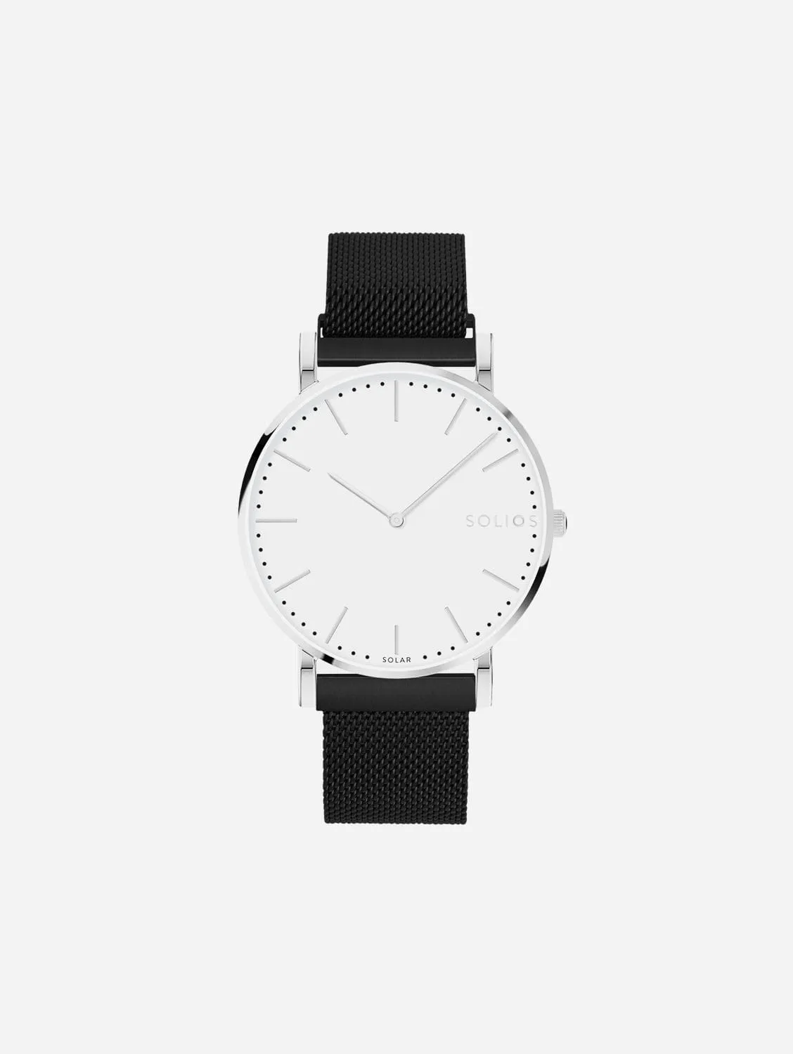 Solar Watch with White & Silver Dial | Black Mesh Strap