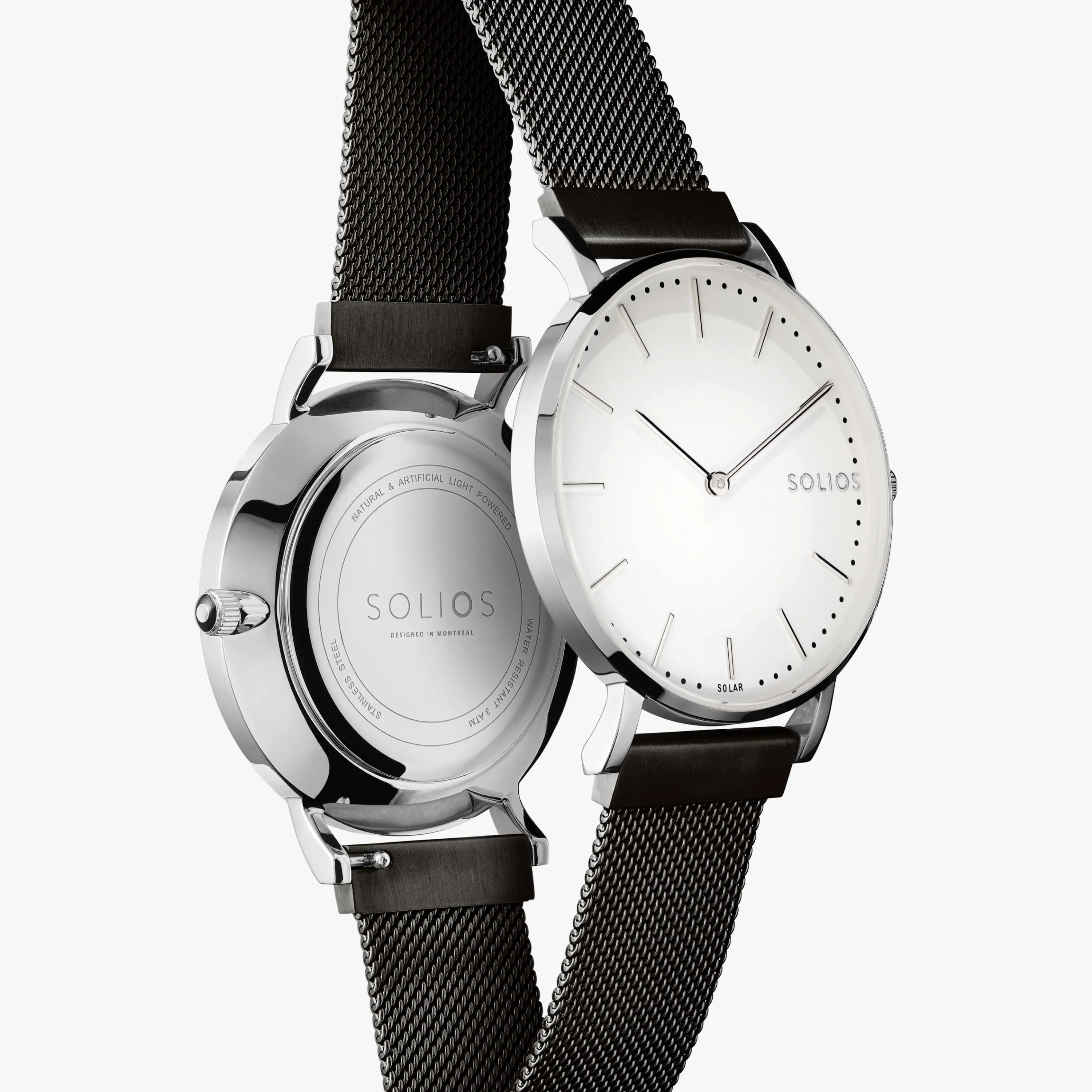 Solar Watch with White & Silver Dial | Black Mesh Strap