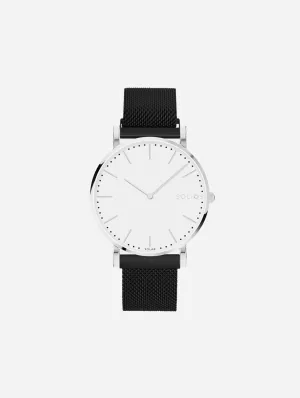 Solar Watch with White & Silver Dial | Black Mesh Strap