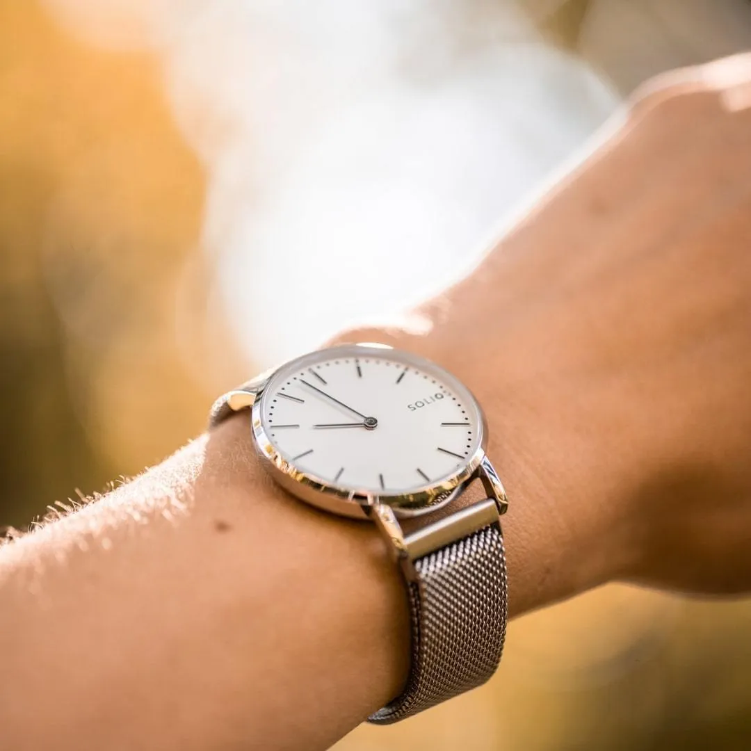 Solar Watch with White & Silver Dial | Grey Mesh Strap
