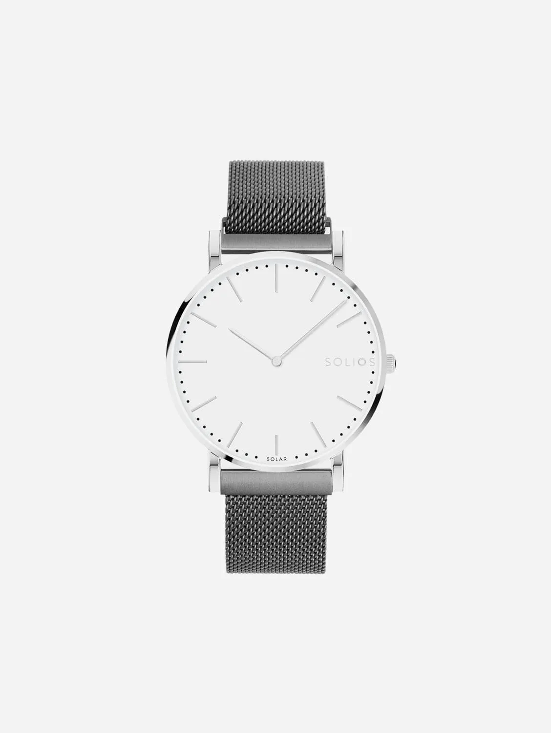 Solar Watch with White & Silver Dial | Grey Mesh Strap