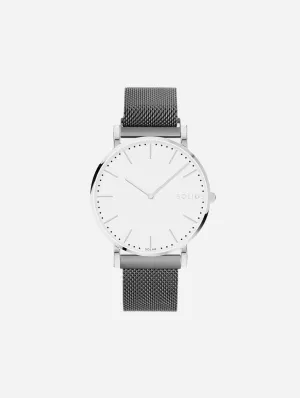 Solar Watch with White & Silver Dial | Grey Mesh Strap