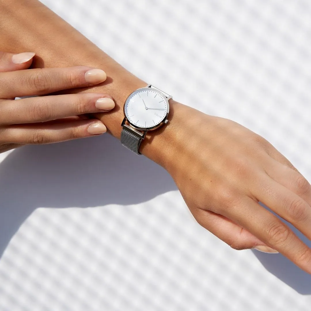 Solar Watch with White & Silver Dial | Grey Mesh Strap