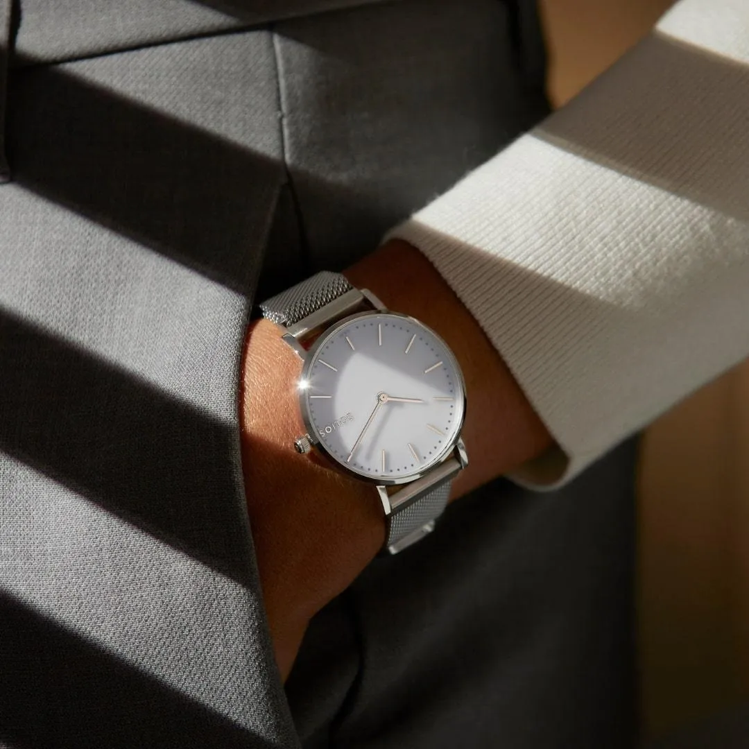 Solar Watch with White & Silver Dial | Grey Mesh Strap