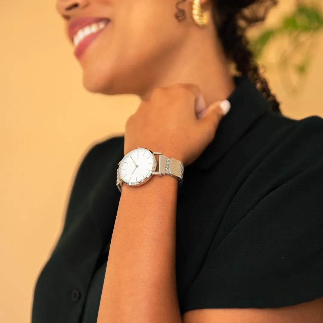 Solar Watch with White & Silver Dial | Grey Mesh Strap