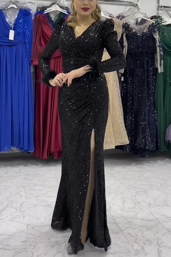 Sparkle World Sequin Feather Trim Sleeves Slit Evening Maxi Dress
