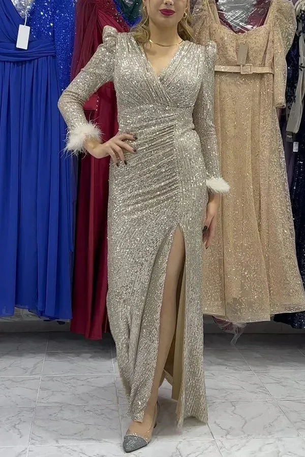 Sparkle World Sequin Feather Trim Sleeves Slit Evening Maxi Dress