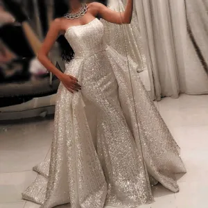 sparkly evening dresses for women detachable skirt elegant strapless sequin bling evening gown