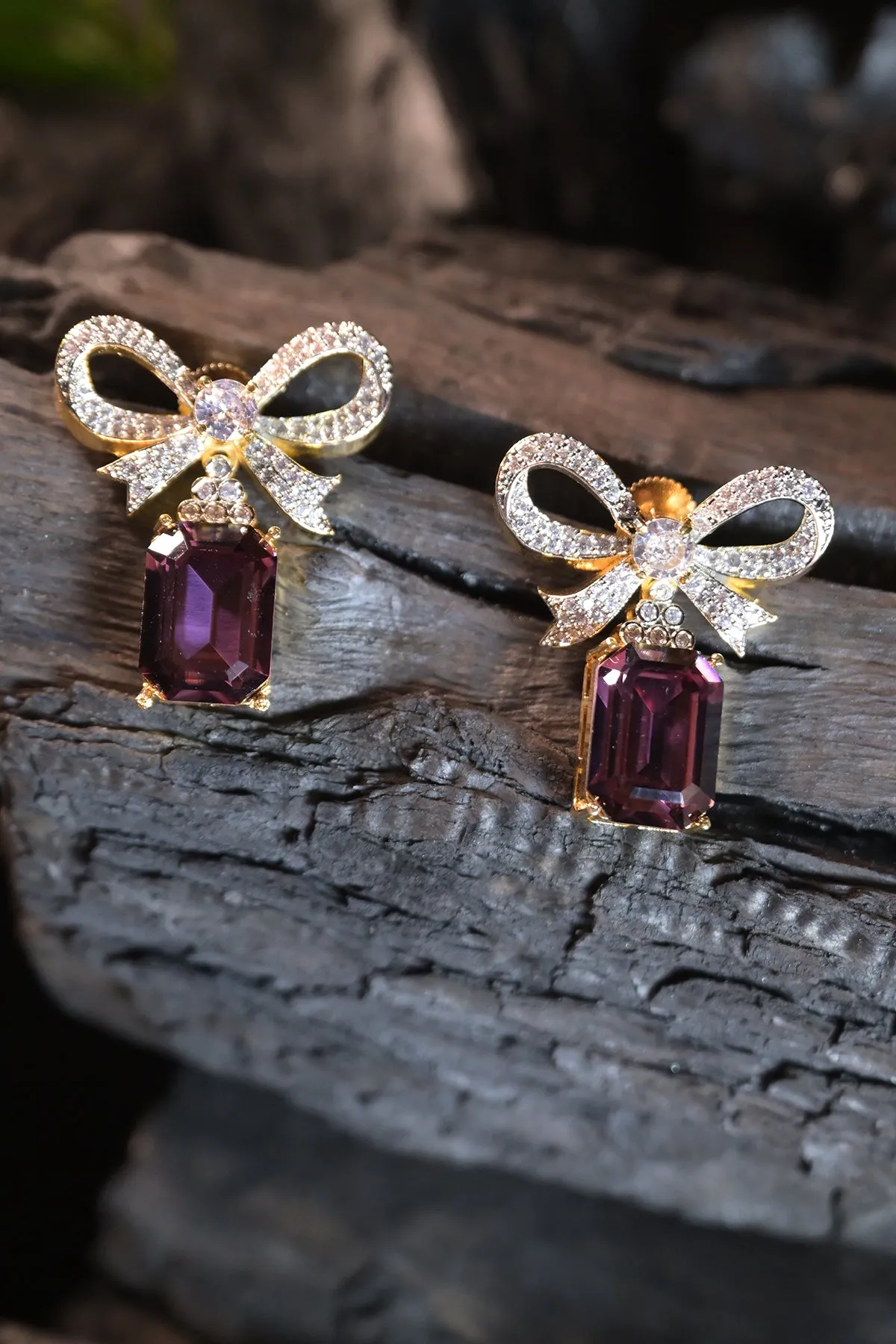 Squre Gemstone Bow Earrings