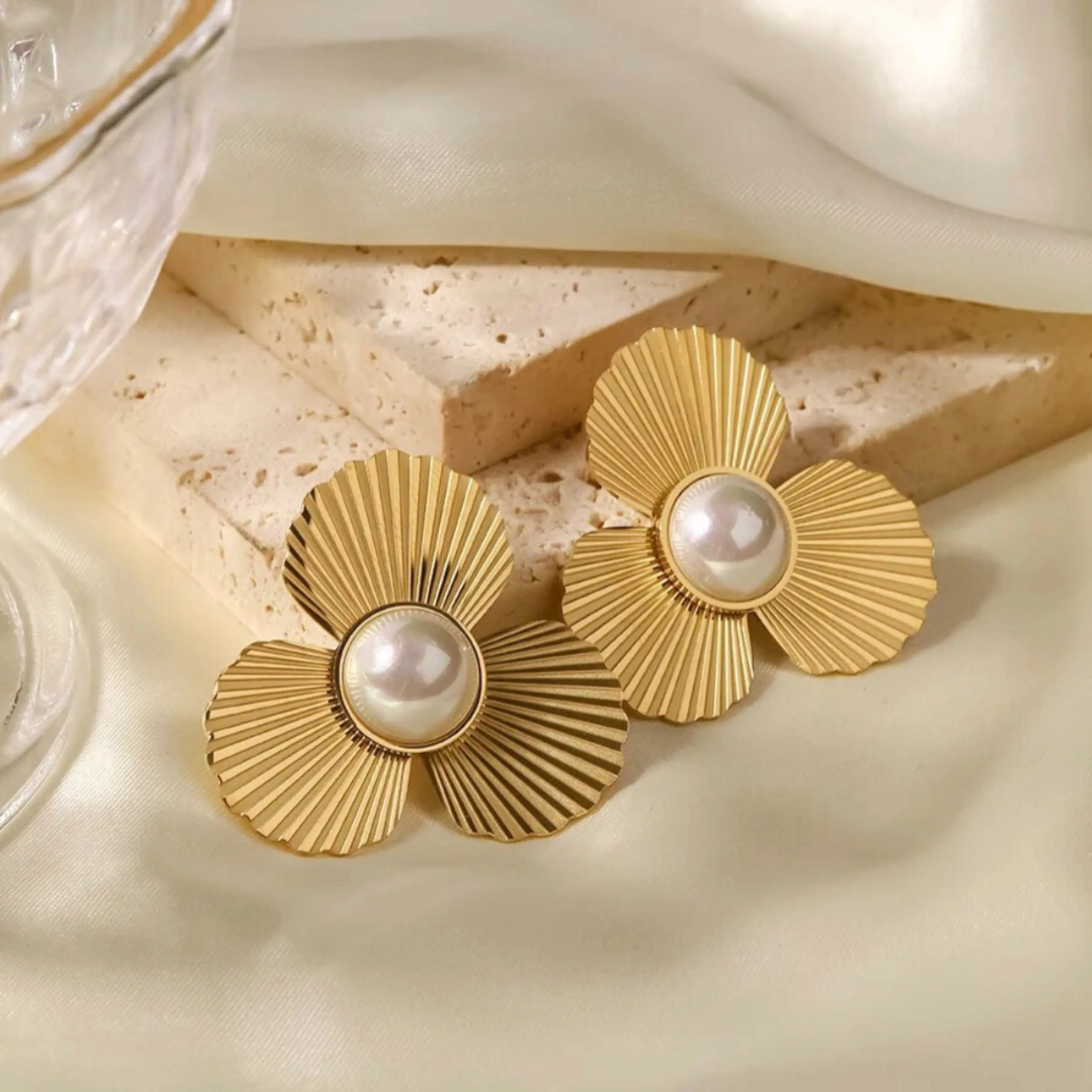 Stainless Steel Trendy Big Flower Stud Earrings - 18K Gold Plated