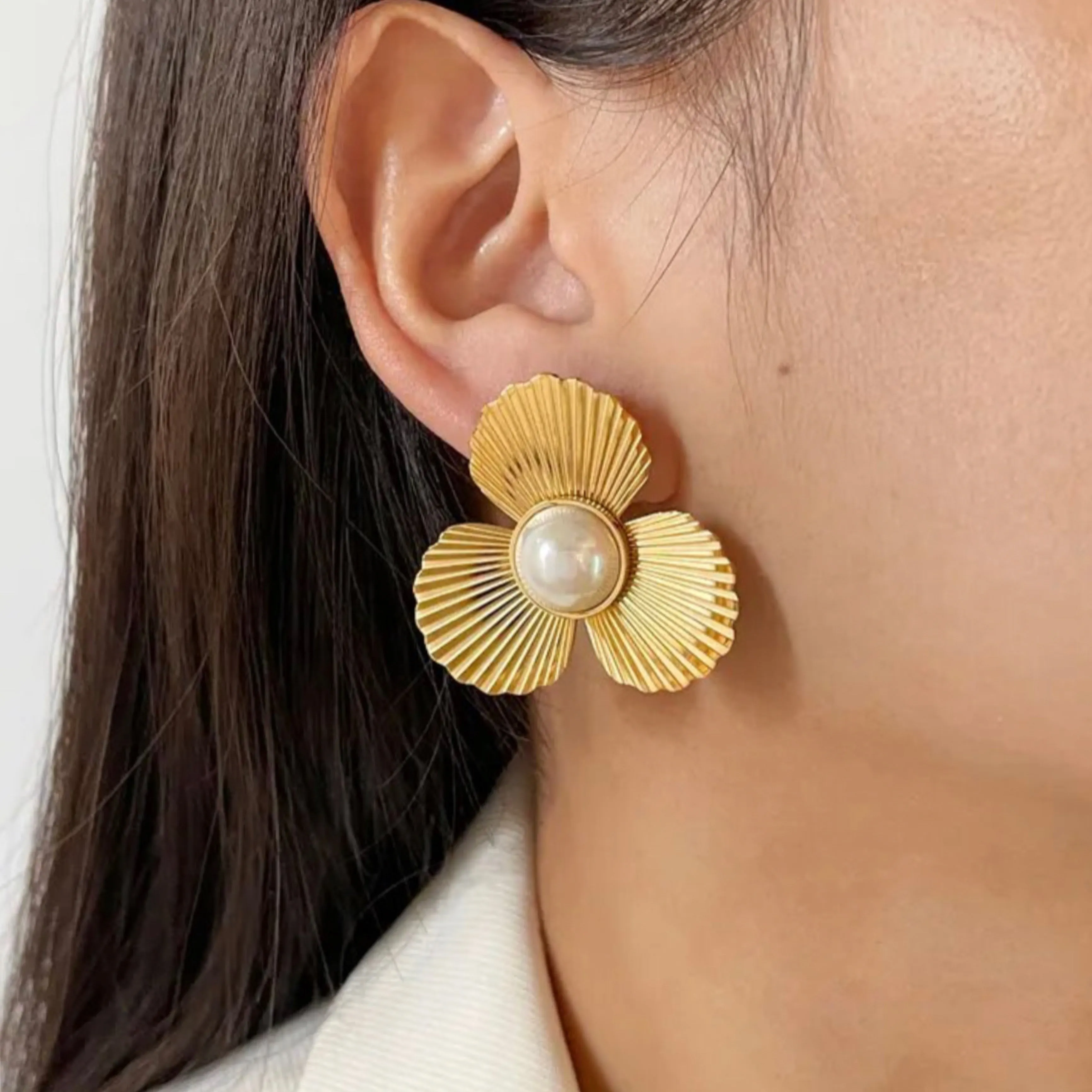 Stainless Steel Trendy Big Flower Stud Earrings - 18K Gold Plated