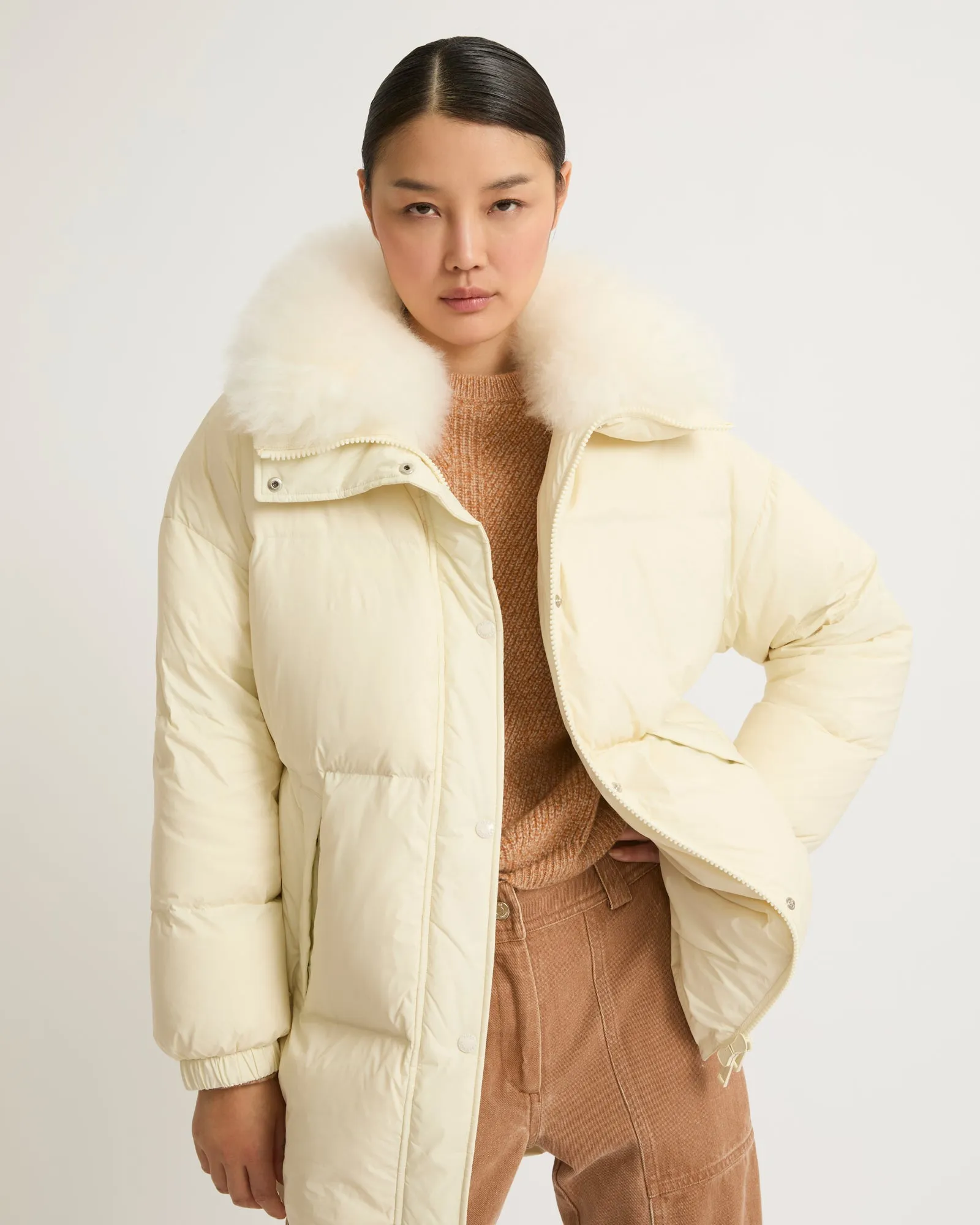 Stand collar down jacket with fluffy lambswool trim